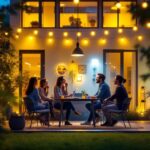 A photograph of a well-lit outdoor space showcasing various lighting techniques