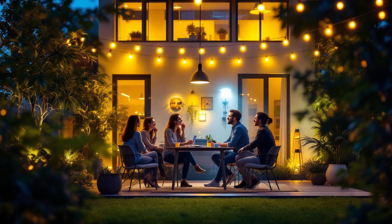 A photograph of a well-lit outdoor space showcasing various lighting techniques