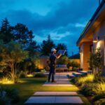 A photograph of a skilled lighting contractor installing solar-powered lighting fixtures in a beautifully landscaped outdoor space