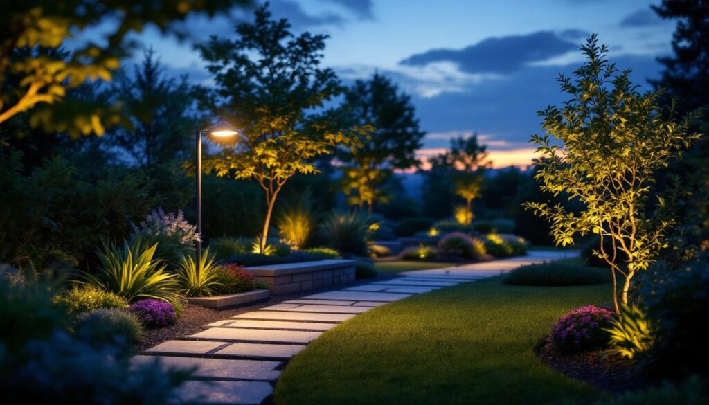 A photograph of a beautifully landscaped outdoor area at dusk