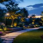 A photograph of a beautifully landscaped outdoor area at dusk