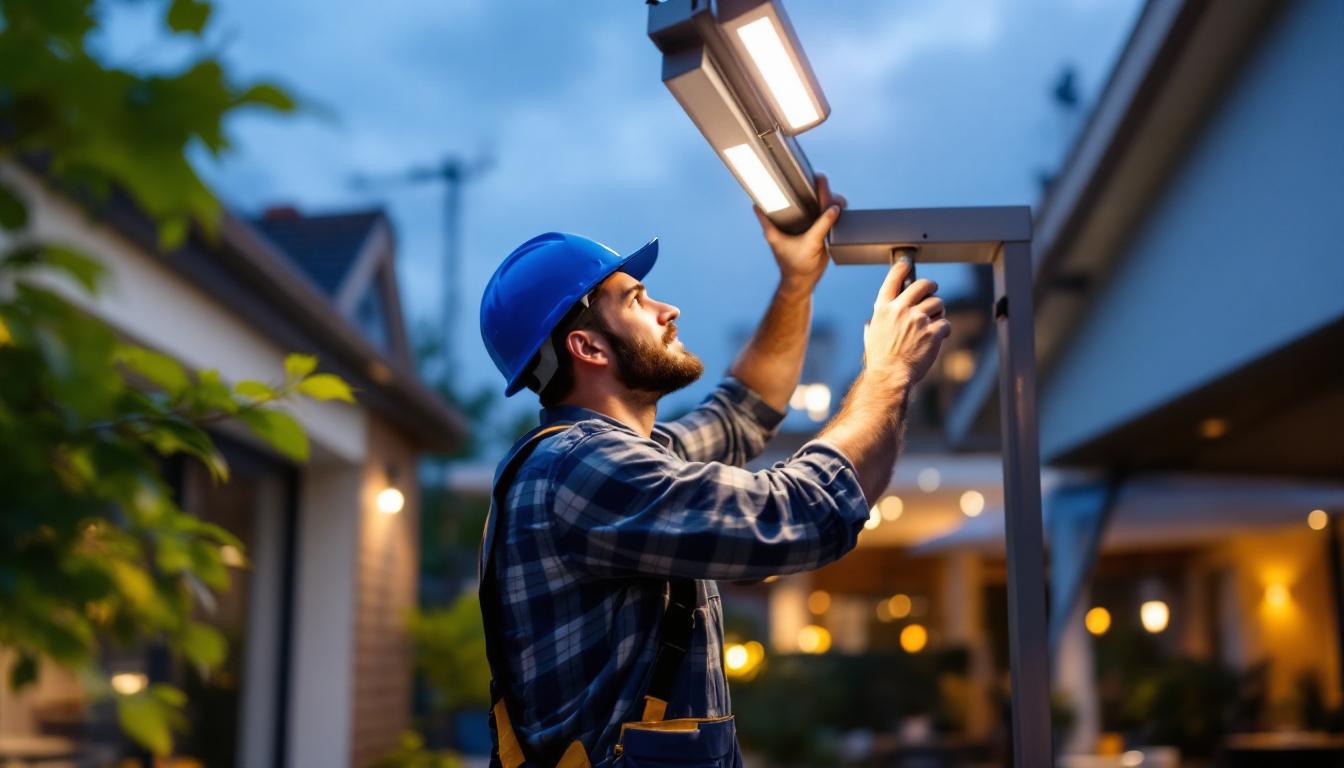 A photograph of a skilled lighting contractor installing or adjusting a modern canopy led lighting system in an outdoor setting