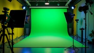 A photograph of a well-lit green screen setup in a studio environment