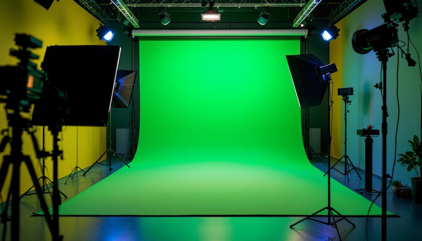 A photograph of a well-lit green screen setup in a studio environment