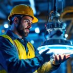 A photograph of a lighting contractor examining or installing a ballast light in a commercial or industrial setting