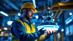 A photograph of a lighting contractor examining or installing a ballast light in a commercial or industrial setting