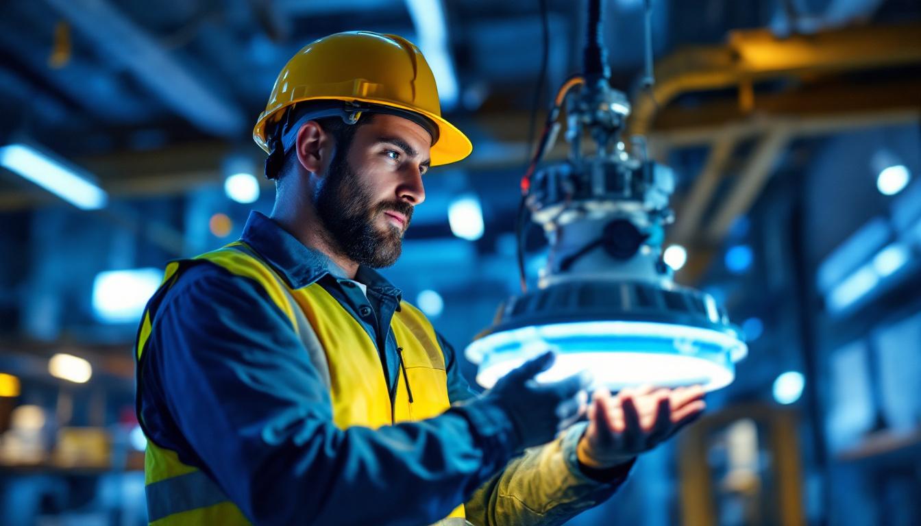 A photograph of a lighting contractor examining or installing a ballast light in a commercial or industrial setting