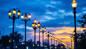 A photograph of a well-lit urban street scene featuring a variety of lamp post poles at dusk
