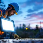 A photograph of a lighting contractor installing or showcasing lef flood lights in an outdoor setting