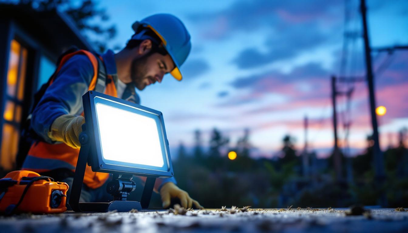 A photograph of a lighting contractor installing or showcasing lef flood lights in an outdoor setting