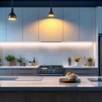A photograph of a beautifully designed kitchen featuring modern can lights in various settings