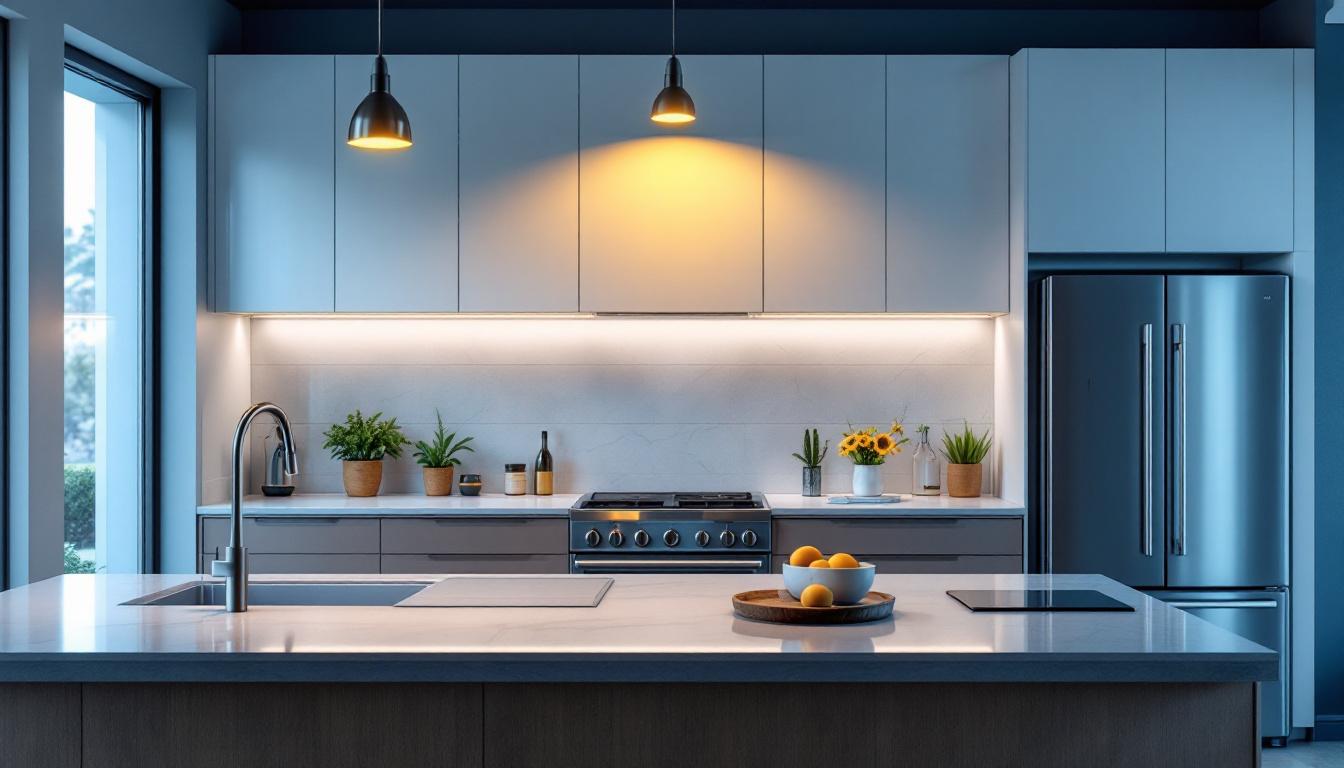 A photograph of a beautifully designed kitchen featuring modern can lights in various settings
