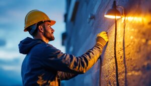 A photograph of a lighting contractor expertly installing rab exterior lights on a commercial building at dusk