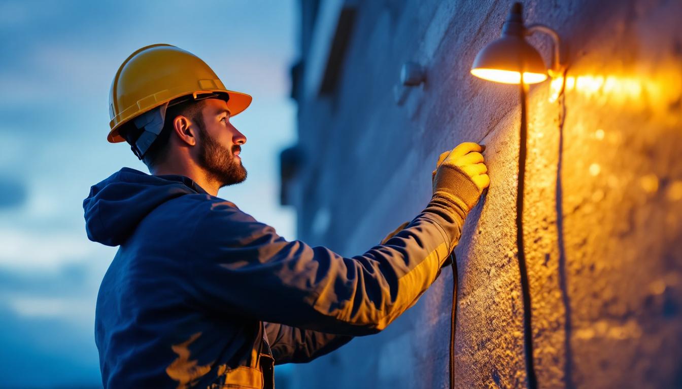A photograph of a lighting contractor expertly installing rab exterior lights on a commercial building at dusk