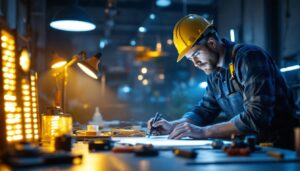 A photograph of a modern lighting contractor at work