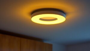 A photograph of a beautifully designed flushmount light fixture installed in a stylish interior setting