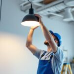 A photograph of a lighting contractor expertly installing or adjusting a stylish
