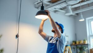 A photograph of a lighting contractor expertly installing or adjusting a stylish