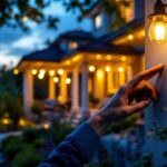 A photograph of a skilled lighting contractor installing an outdoor light switch timer in a beautifully landscaped yard during dusk