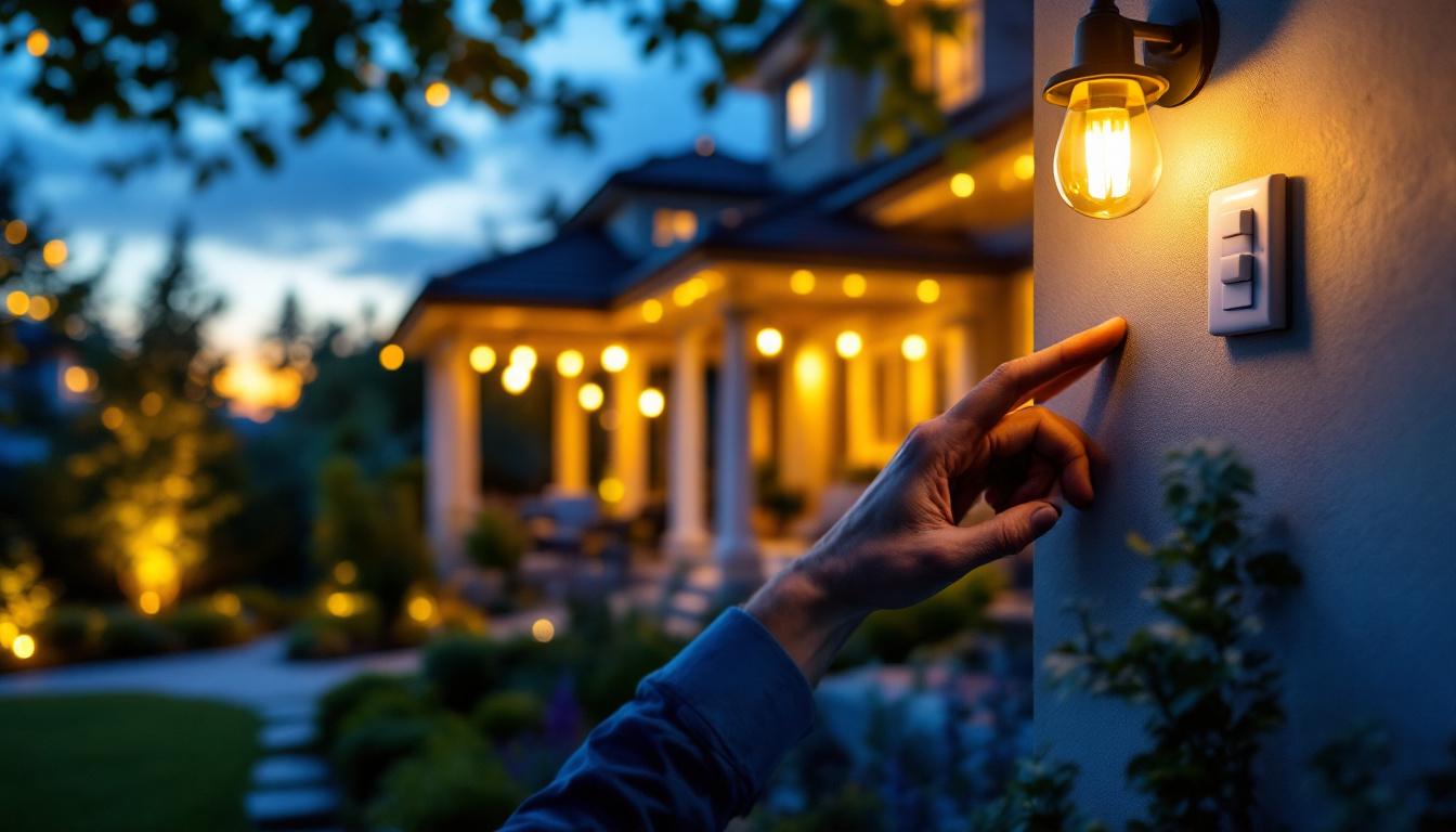 A photograph of a skilled lighting contractor installing an outdoor light switch timer in a beautifully landscaped yard during dusk