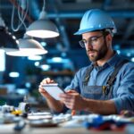A photograph of a skilled lighting contractor examining various electrical items