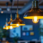 A photograph of a well-designed office space featuring stylish hanging lights that highlight the ambiance and functionality of the workspace