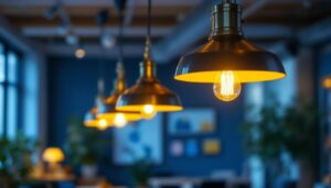 A photograph of a well-designed office space featuring stylish hanging lights that highlight the ambiance and functionality of the workspace