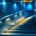 A photograph of a beautifully designed stairway illuminated by stylish ceiling lights