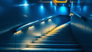 A photograph of a beautifully designed stairway illuminated by stylish ceiling lights