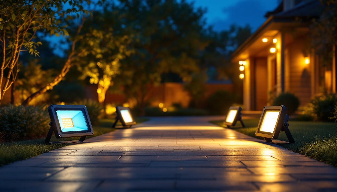 A photograph of a well-lit outdoor space showcasing various led flood lights in action