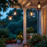 A photograph of a beautifully illuminated porch featuring stylish outdoor pendant lights