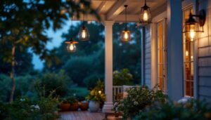 A photograph of a beautifully illuminated porch featuring stylish outdoor pendant lights