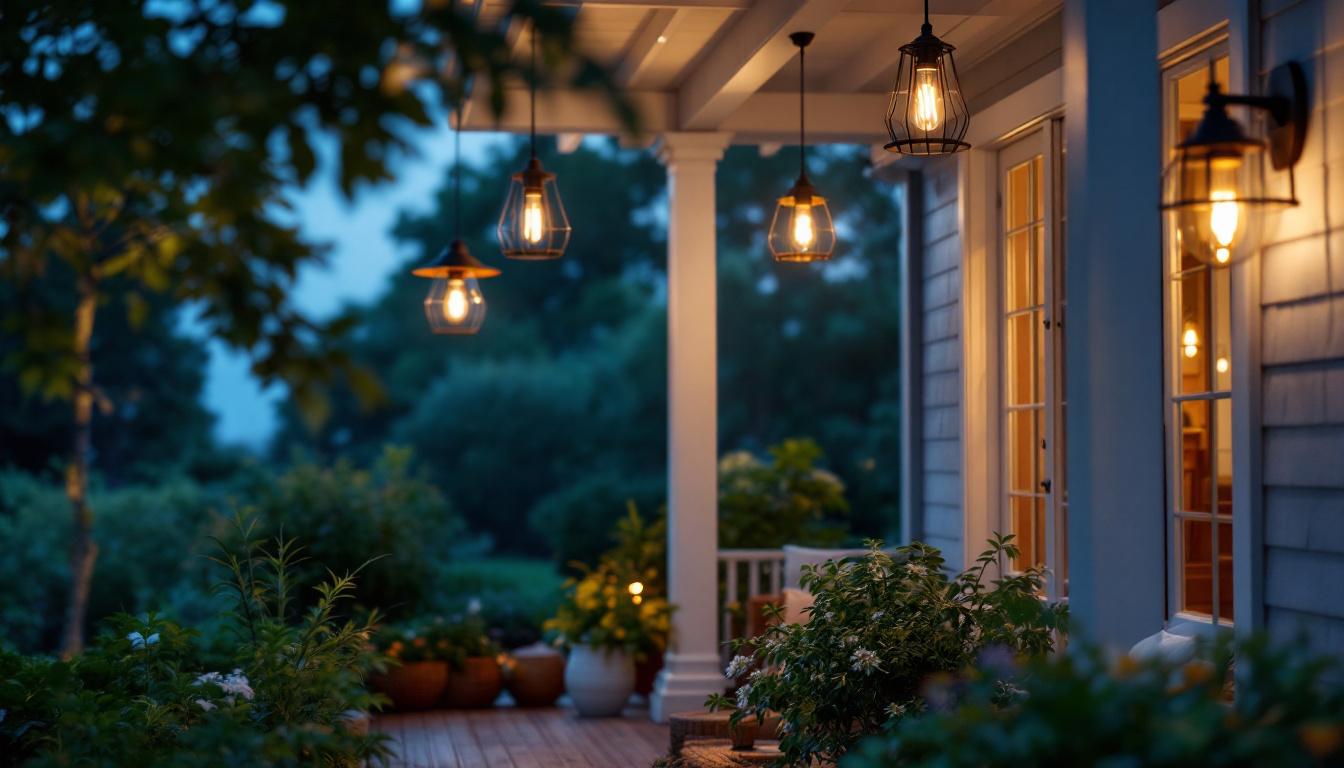 A photograph of a beautifully illuminated porch featuring stylish outdoor pendant lights