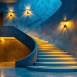 A photograph of a beautifully illuminated stairway featuring stylish wall lighting fixtures