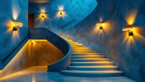 A photograph of a beautifully illuminated stairway featuring stylish wall lighting fixtures