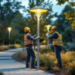 A photograph of a team of workers installing or adjusting outside solar pole lights in a landscaped outdoor setting