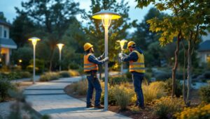 A photograph of a team of workers installing or adjusting outside solar pole lights in a landscaped outdoor setting