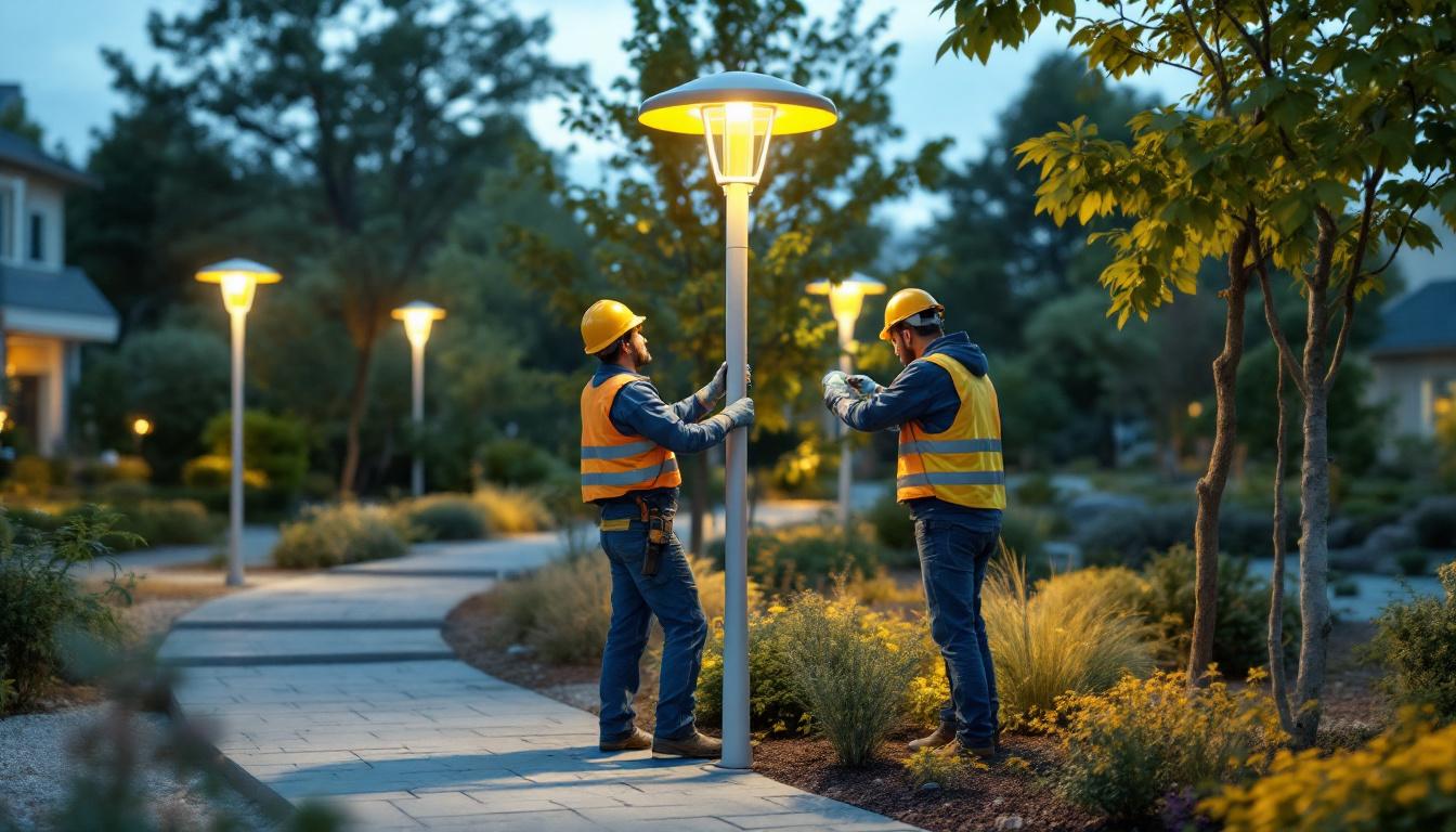 A photograph of a team of workers installing or adjusting outside solar pole lights in a landscaped outdoor setting