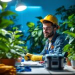 A photograph of a lighting contractor working in a well-lit space