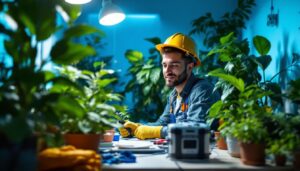 A photograph of a lighting contractor working in a well-lit space
