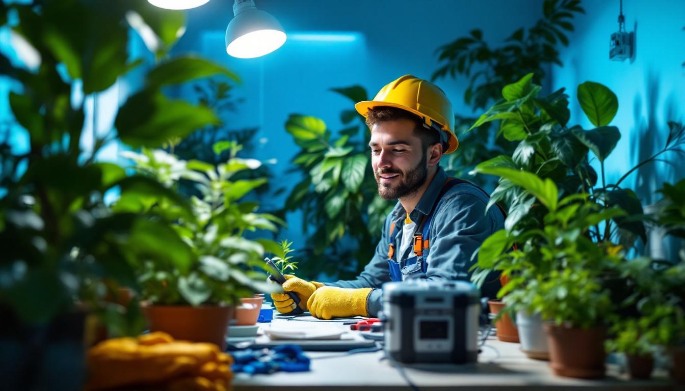 A photograph of a lighting contractor working in a well-lit space