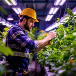 A photograph of a lighting contractor installing or adjusting led grow lights in a lush indoor garden setting