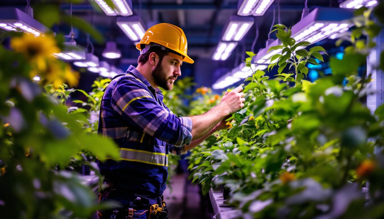 A photograph of a lighting contractor installing or adjusting led grow lights in a lush indoor garden setting