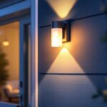 A photograph of a stylish flush mount exterior light fixture installed on a home’s entrance
