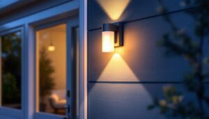 A photograph of a stylish flush mount exterior light fixture installed on a home’s entrance