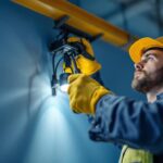 A photograph of a lighting contractor using a gripper lock system while installing or adjusting lighting fixtures