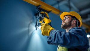 A photograph of a lighting contractor using a gripper lock system while installing or adjusting lighting fixtures