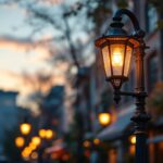 A photograph of a beautifully restored retro street light in a charming urban setting