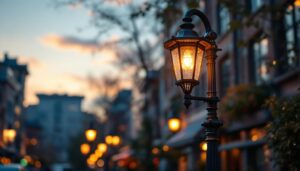 A photograph of a beautifully restored retro street light in a charming urban setting