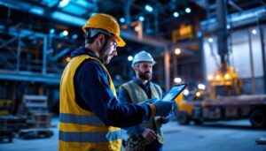 A photograph of a lighting contractor using the light grid tool on a job site